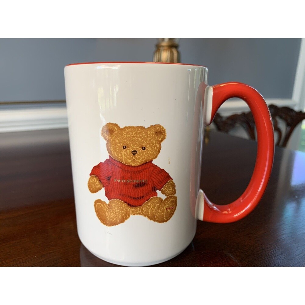 Vintage FAO Schwarz Mug with Teddy Bear in Red Sweater Red Handle M Ware